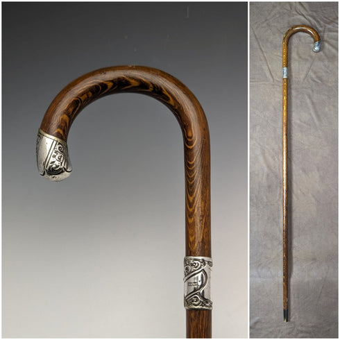 1922 British antique gentleman's walking stick brown stem sterling silver embossed decoration curved handle 90cm